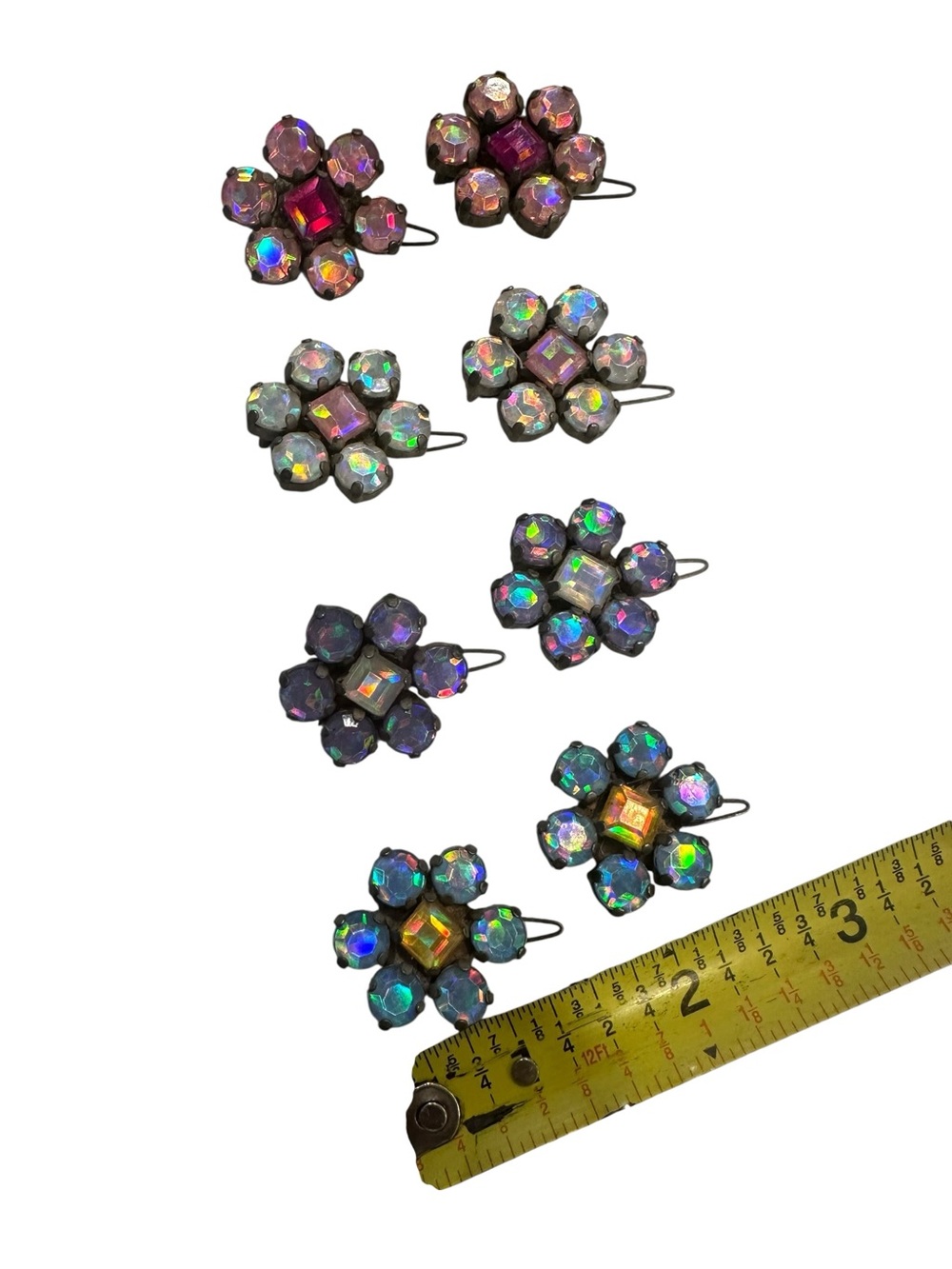 Vintage 4 Pairs of Handset Crystal Flower Hair Barettes - Picture 2 of 4